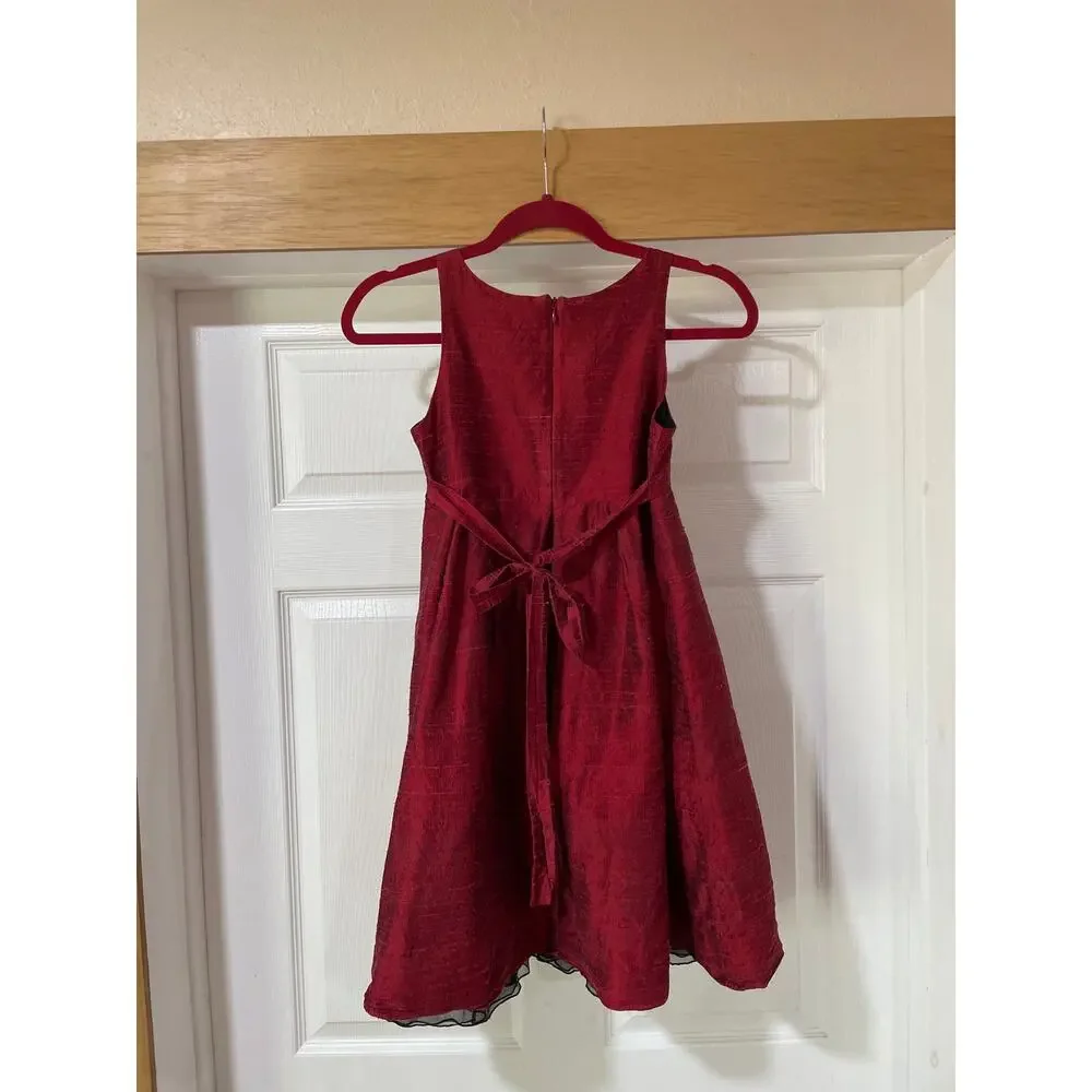 Florence Eiseman Dress Girls Silk Party Size 10 Red Rosette Bodice Sleeveless